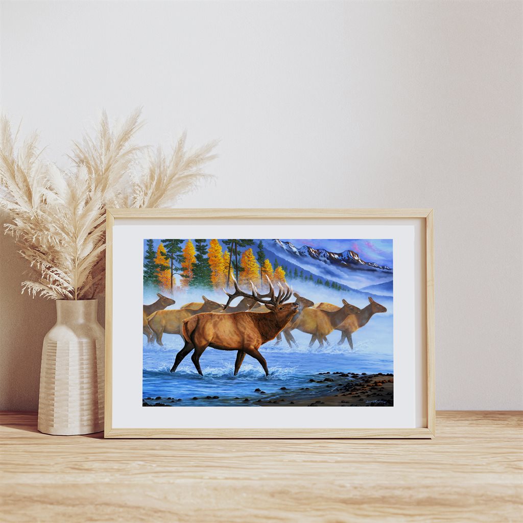 Rocky Mountain Bull Elk and Herd Fine Art Giclée Paper Print in wood frame by Jeanne Warren