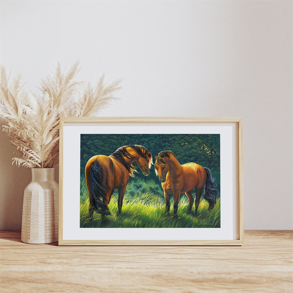 Kiger Mustang Horses "At First Sight" fine art giclée horse lovers paper print in wood frame by Jeanne Warren