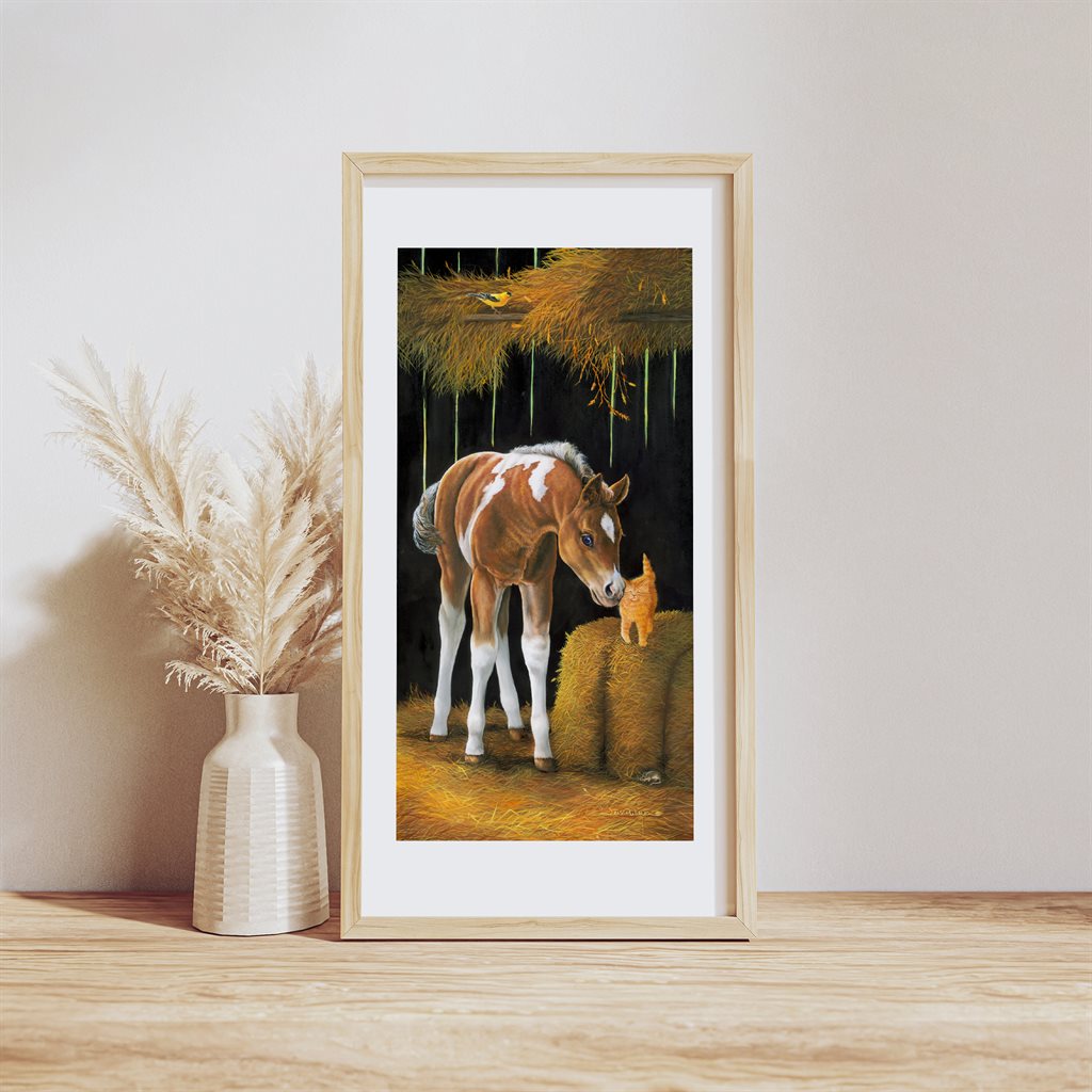 Baby Horse Colt and Kitten "Barn Buddies" giclée farmhouse paper art print in wood frame by Jeanne Warren
