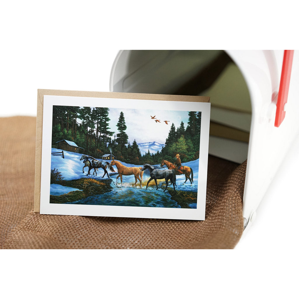 Homesteader, Horses and Snow Cabin Art Card - "Coming Home"