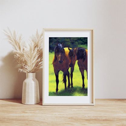 Kiger Mustang Mare and Stallion in green pasture - Giclée Paper Print on White Shiplap by Jeanne Warren