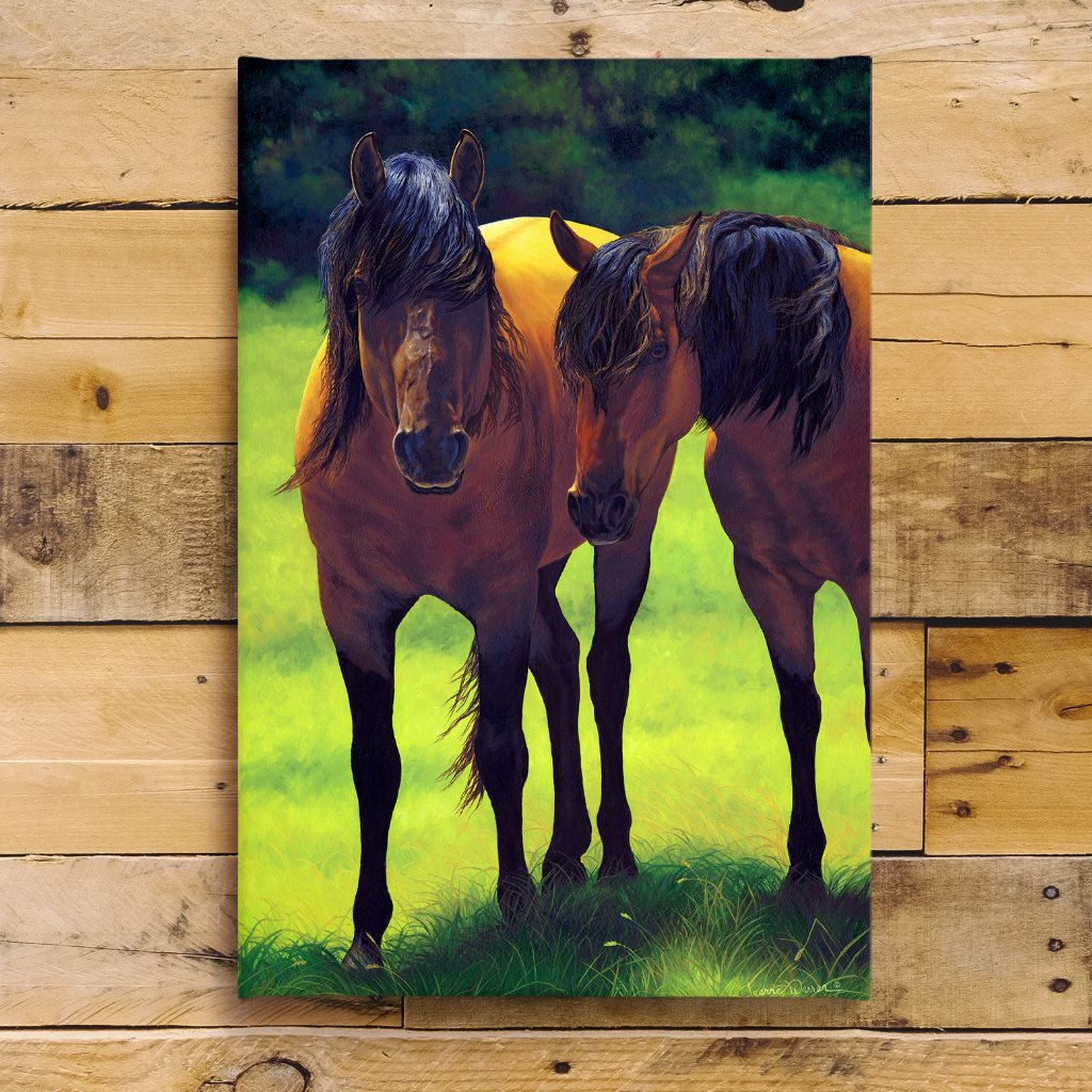 Kiger Mustang Mare and Stallion in green pasture - Canvas Print on Wood Shiplap by Jeanne Warren