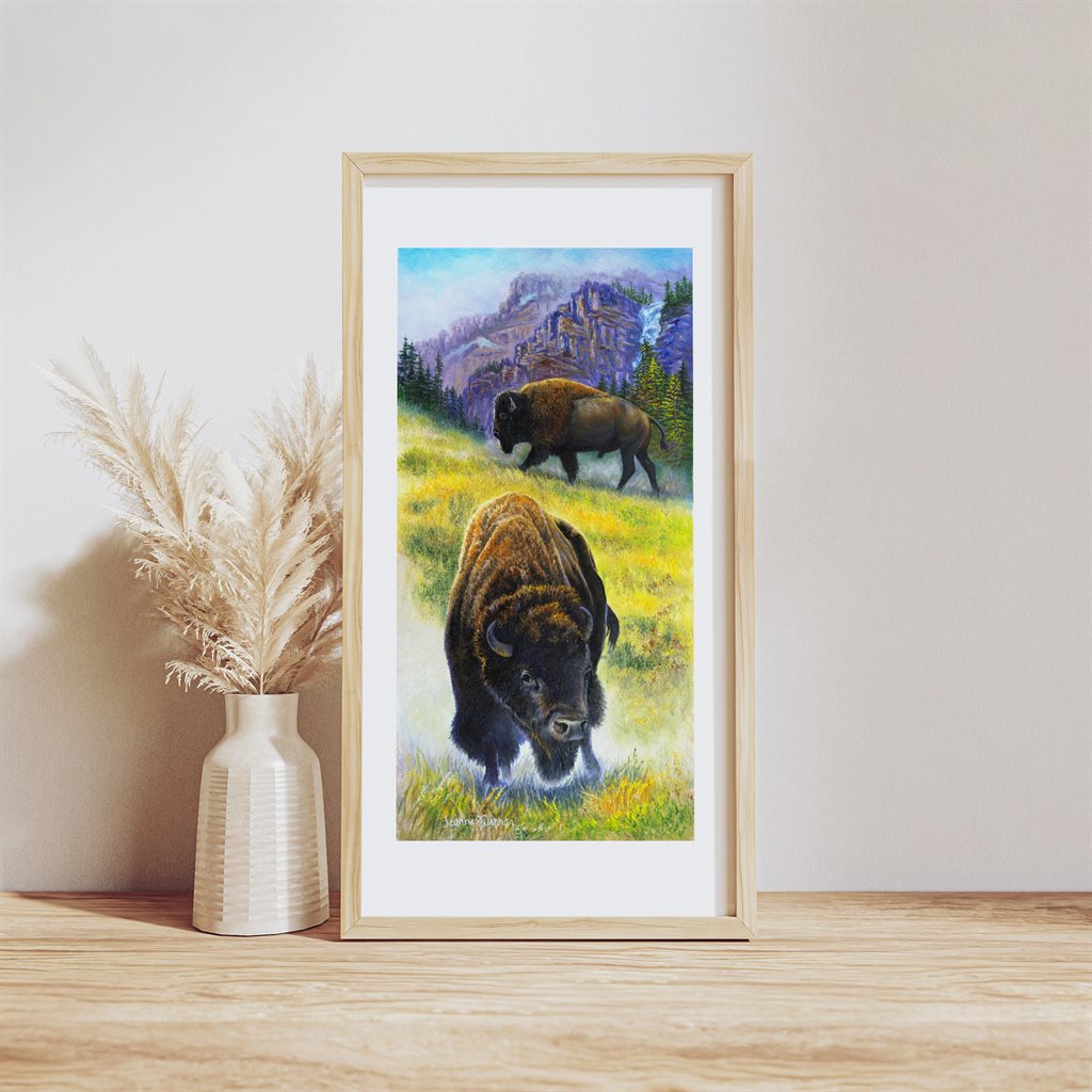 Bison Buffalo on grassy mountain plains "Double Threat" giclée paper print wall décor in example wood frame by Jeanne Warren