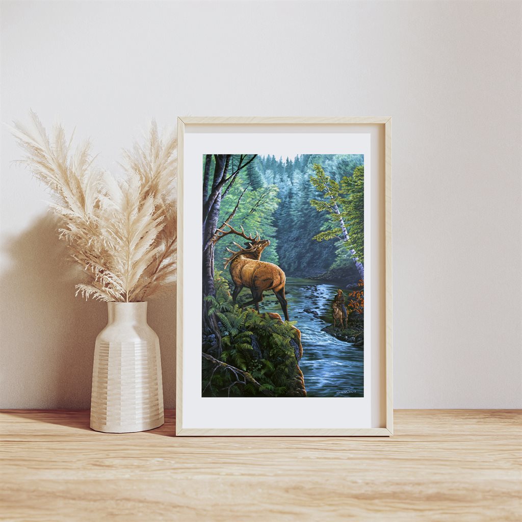 Eight point Elk and horseback hunter in pacific northwest giclée paper art print in example wood frame - "Edge Elk" by Jeanne Warren