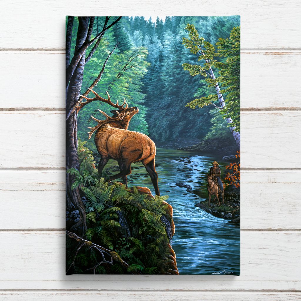 Eight point Elk and horseback hunter in pacific northwest giclée canvas art print wall décor - "Edge Elk" by Jeanne Warren