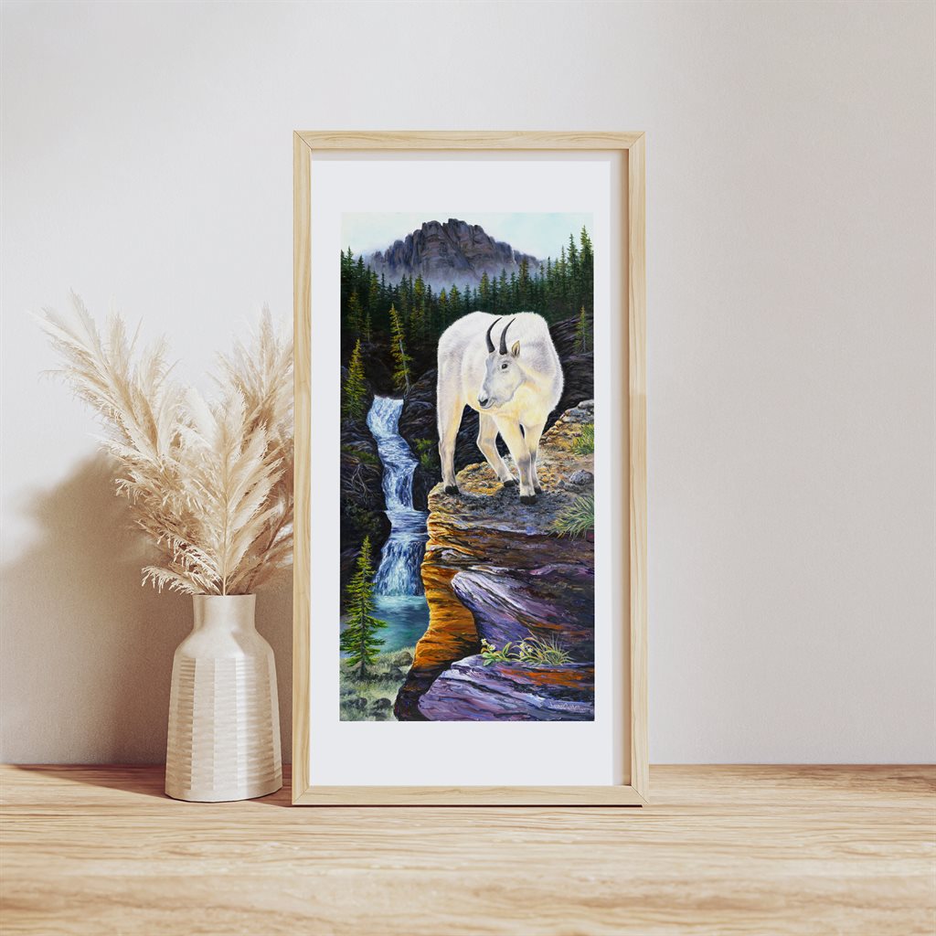 White mountain goat Giclée paper print in example wood frame - "Enjoying the View" by Jeanne Warren