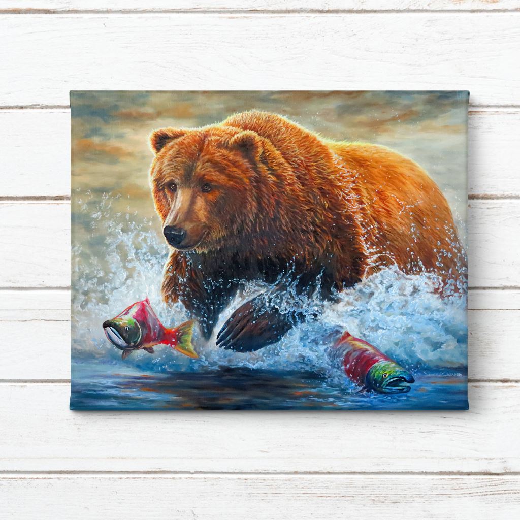 Alaskan Grizzly Bear chasing Salmon, Giclée Canvas Print on white shiplap - "Fast Food" by Jeanne Warren 