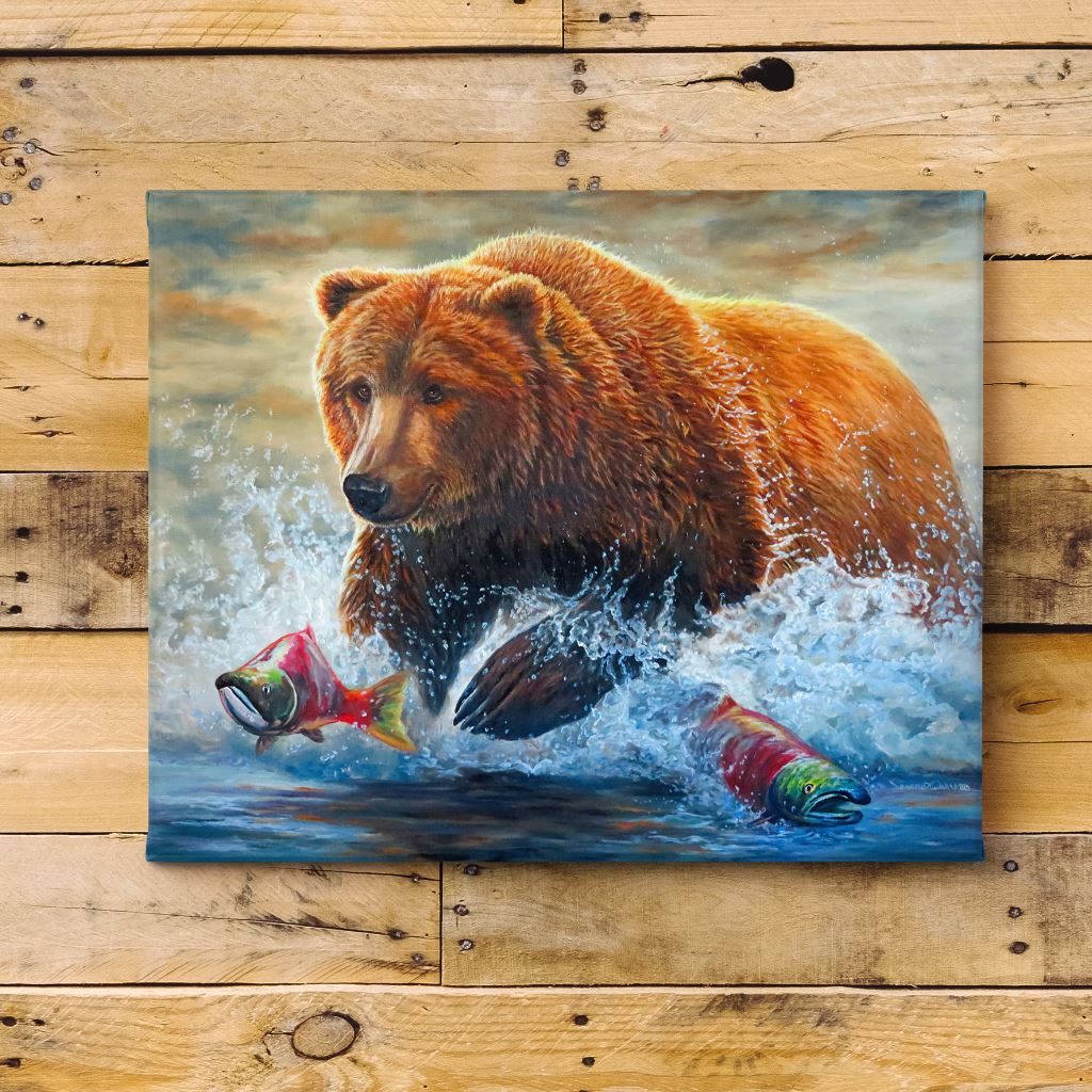 Salmon painting, brown bear, fly fishing painting, Alaska salmon, sockeye salmon, good salmon run, salmon art, grizzly bear, bear with salmon,