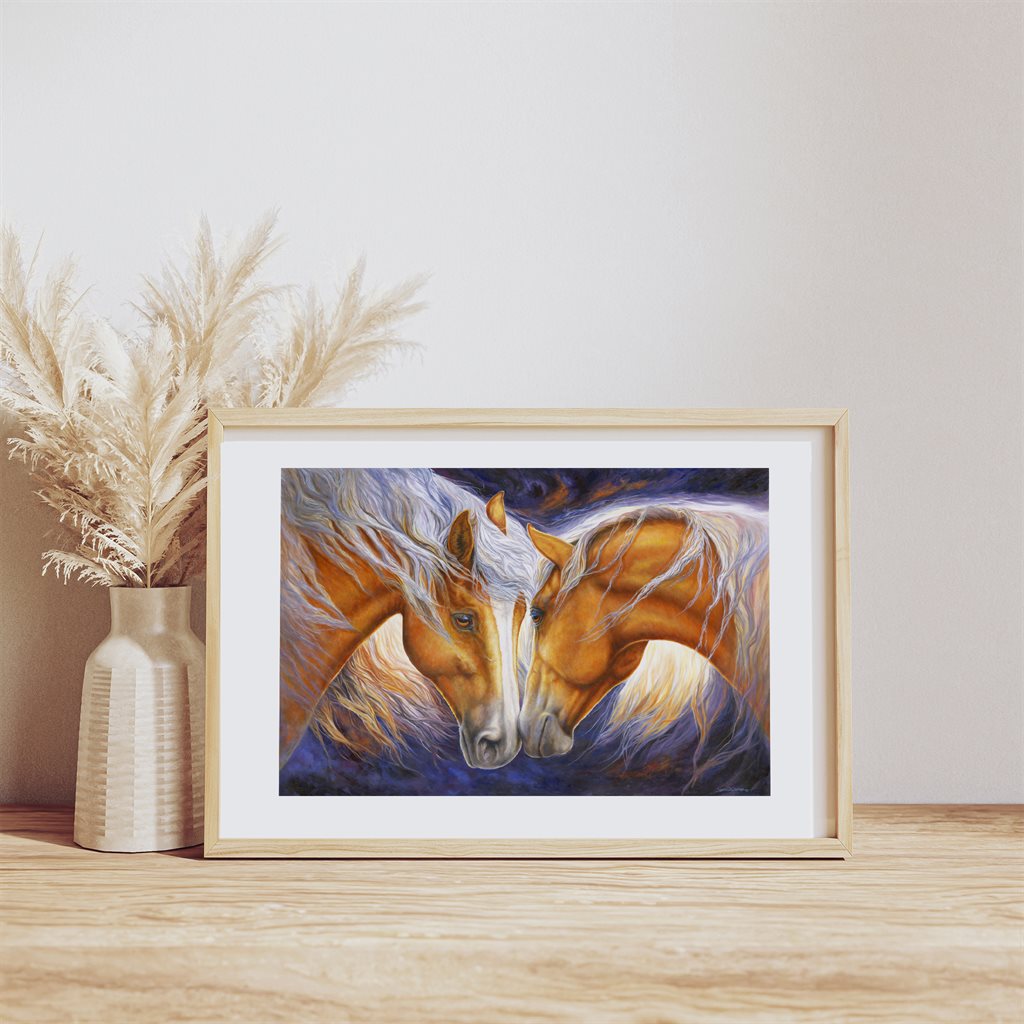 Two nuzzling Palomino Horses Framed Giclée Paper Print - by Wildlife Artist Jeanne Warren