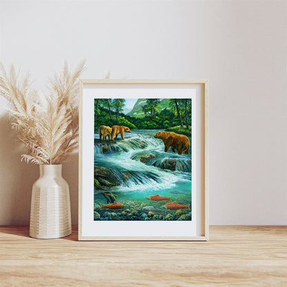 "Flowing Abundance" - Grizzly Bears and Salmon Art Print