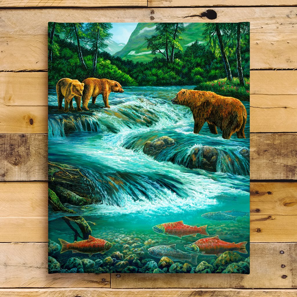 "Flowing Abundance" - Grizzly Bears and Salmon Art Print