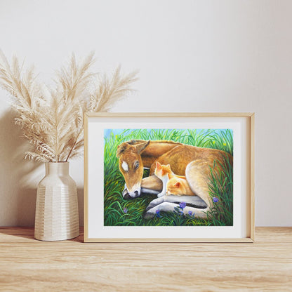 Baby Colt Horse and Orange Kittens sleeping in the grass Giclée Paper Art Print in wood frame  by Jeanne Warren