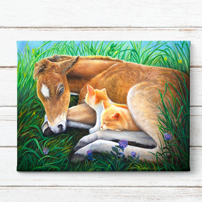 "Fuzz Nuzzlers" -  Baby Filly Horse and Orange Kittens Art Print