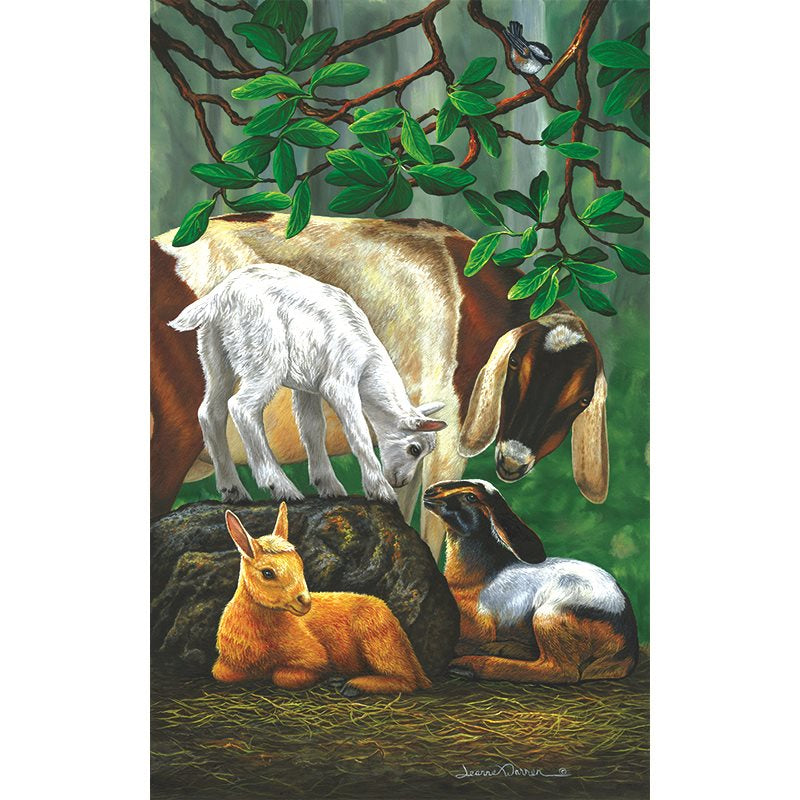 Goat Fam - Nubian Goat and Kids Art Print: A peaceful scene showing a Nubian mother goat and three baby goats resting beneath a madrone tree with vibrant green leaves. One kid is white, another golden-brown, and one dark, all nestled among rocks and grass in dappled sunlight.