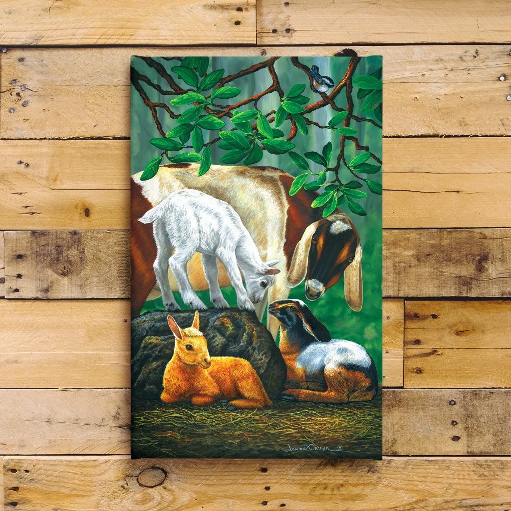 Goat Fam - Nubian Goat and Kids Art Print: A peaceful scene showing a black and white Nubian mother goat and her baby kids resting beneath a lush madrone tree with green leaves. One kid is golden-colored, lounging on a rock, while others rest nearby in dappled sunlight.