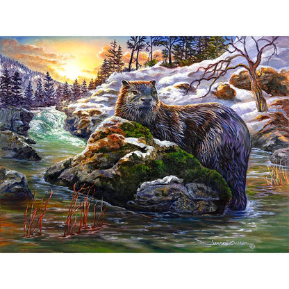 River Otter and Sunset Art Print - Golden Discovery: A detailed wildlife painting featuring a river otter resting on a moss-covered rock in turquoise waters, surrounded by snowy landscape and evergreen trees, set against a dramatic golden sunset sky.