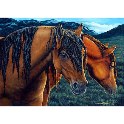 Kiger Mustangs Art Print - "Golden Hour" features two wild horses in warm evening light, showing their rich bay coats and flowing black manes against a mountainous backdrop. The close-up portrait captures the stallion and mare's gentle expressions and detailed facial features in a serene natural setting.