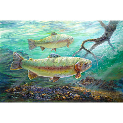 "Rainbow River" art print depicting two iridescent rainbow trout swimming in crystal-clear turquoise waters, with detailed scales and fins, against a rocky riverbed backdrop in vibrant underwater lighting. A twisted tree branch adds depth to the aquatic scene. By Jeanne Warren