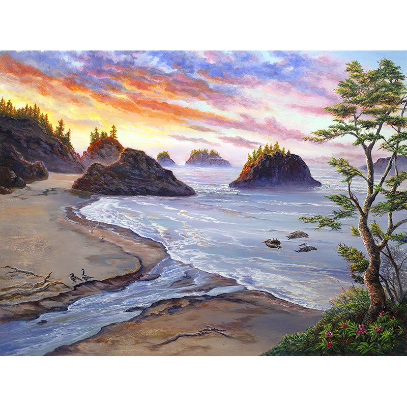 A painting of a vibrant sunset illuminates Secret Beach on the Oregon Coast, featuring dramatic rock formations rising from the ocean, gentle waves lapping at curved sandy shores, and windswept trees framing the scene. Golden-orange sky reflects on the water while evergreen forests crown the rocky outcrops. By Jeanne Warren