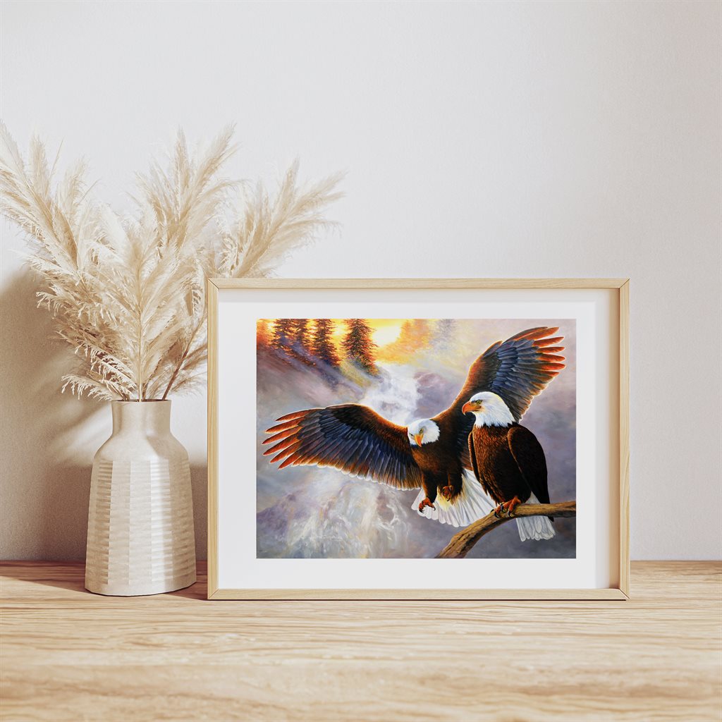 Soaring American Bald Eagle Giclée Paper Print Framed Example "Swift Wind" by Jeanne Warren